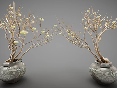 Elegant Decorative Ornament Set With Carved Vases Brown Branches And White Flowers 3d model