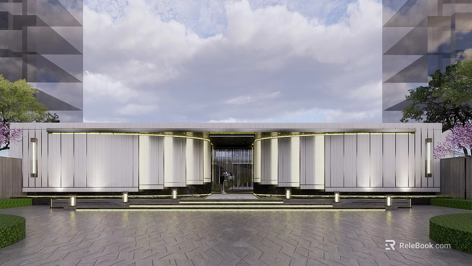 Modern Entrance Gate Design With Illuminated Lights Sleek Facade And Paved Ground 3d model 