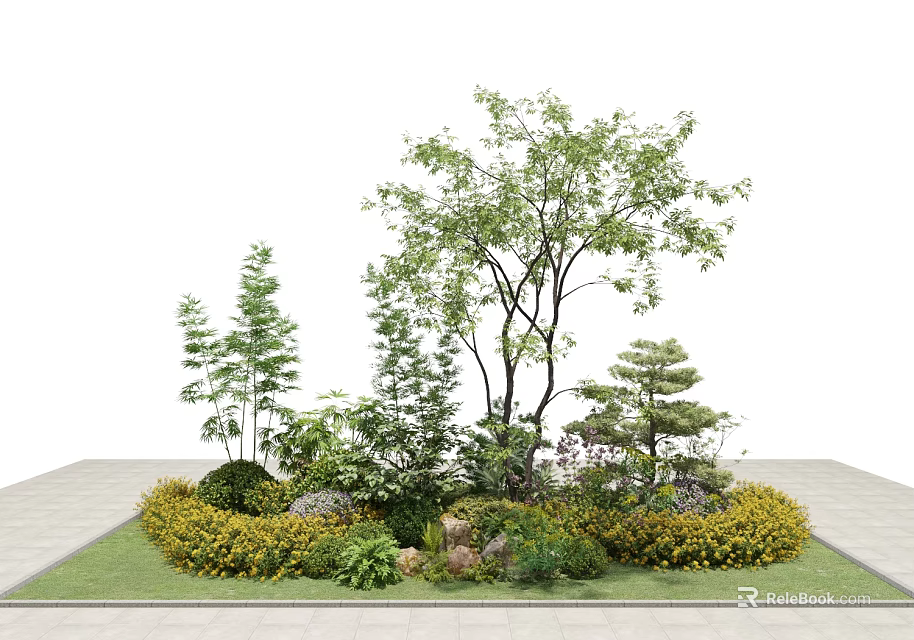Lush Green Shrubs In Garden Landscape With Various Plants Trees And Green Lawn 3d model 