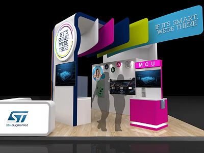 Colorful ST Electronics Exhibition Booth With Future World Sign And Smart Screens 3d model