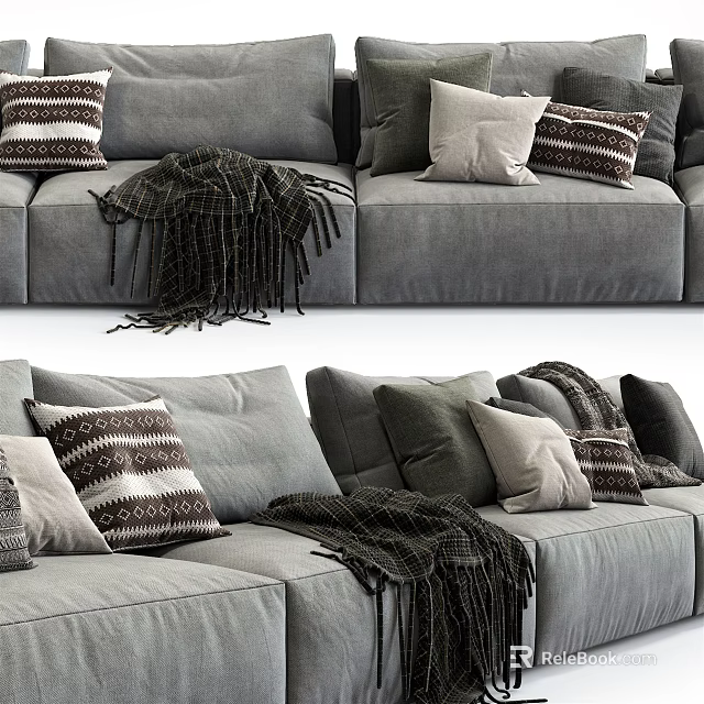Gray Sectional Sofa Interior Design With Pillows And Throw Blanket 3d model