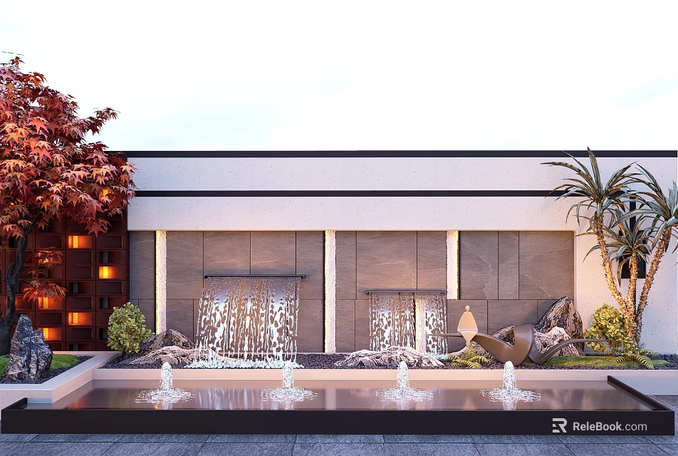 Contemporary Garden Feature Wall With Stone Waterfalls Red Leaf Tree Palm And Rocks 3d model 