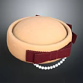 Elegant Beige Dome Hat With Crimson Bow And White Pearl Decorative Accents