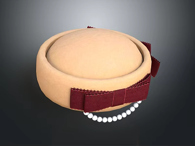 Elegant Beige Dome Hat With Crimson Bow And White Pearl Decorative Accents 3d model