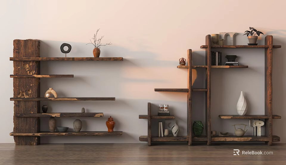 Natural Wooden Shelving Units For Storage And Display With Vases Books And Decorative Items 3d model 