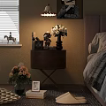 Wooden Bedside Table Featuring Metal X Legs White Flower Bouquet Small Doll and Photo Frame