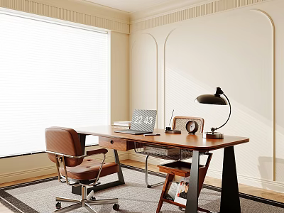 Desk With Laptop Books Table Lamp Alarm Clock Brown Chair Large Window And Light-Colored Walls 3d model