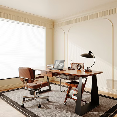 Desk With Laptop Books Table Lamp Alarm Clock Brown Chair Large Window And Light-Colored Walls 3d model