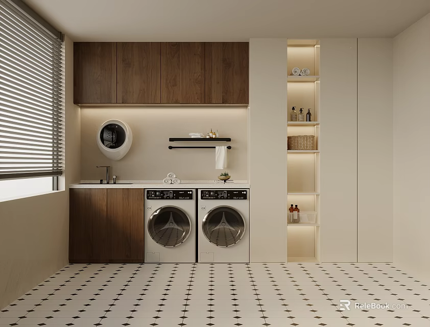 Modern Laundry Room With Double Washing Machines Wooden Cabinets And Black White Tiled Floor 3d model 