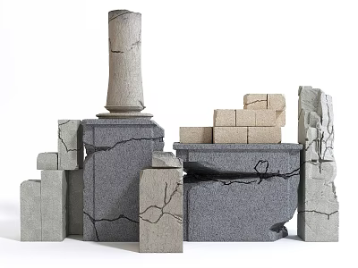 Rustic Weathered Stone Garden Ornaments With Columns And Stacked Textured Blocks Design 3d model