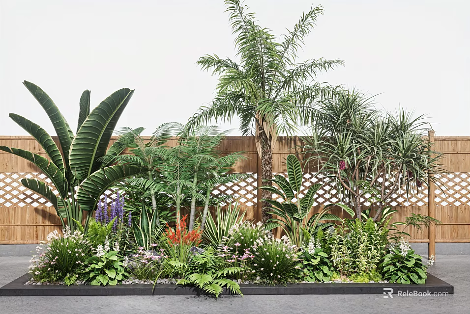 Lush Tropical Garden Space With Palm Trees Large Leaf Ferns Bamboo Fence And Colorful Blooms 3d model 
