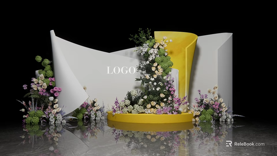 Decorative Floral Scene With Yellow Chair White Geometric Structures And Colorful Flowers 3d model 