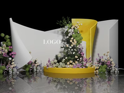 Decorative Floral Scene With Yellow Chair White Geometric Structures And Colorful Flowers 3d model