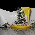 Decorative Floral Scene With Yellow Chair White Geometric Structures And Colorful Flowers