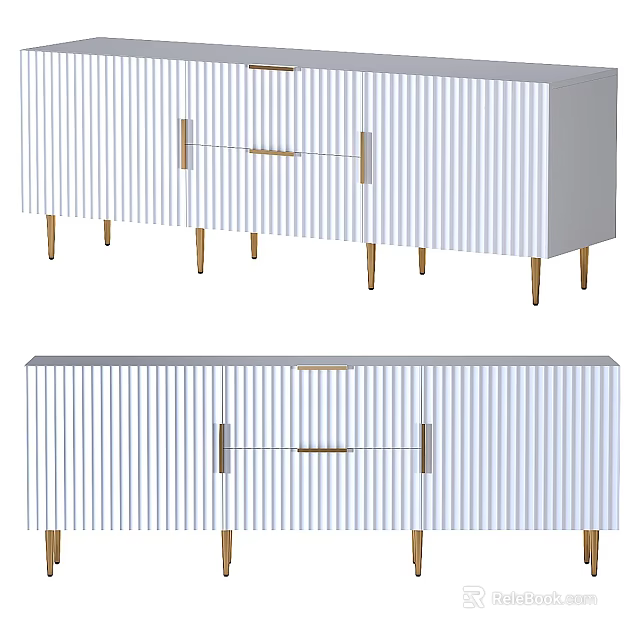 Modern Striped TV Stand With Gold Metal Legs And Sleek Drawer Design 3d model 