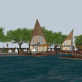 Scenic Waterfront Guesthouse Wooden Architecture Pointed Roofs Over Blue Water Green Trees Yellow Umbrellas