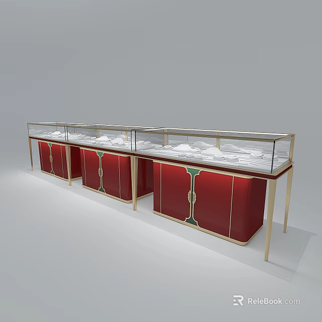 Elegant Red Display Cases With Golden Frames And Glass Tops For White Items 3d model 