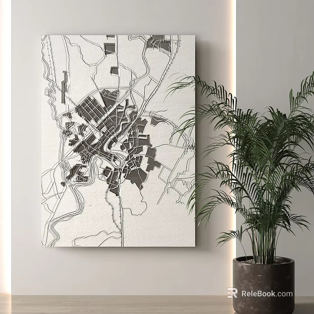 Square Rug With City Map Pattern In Modern Interior Space With Green Plant 3d model