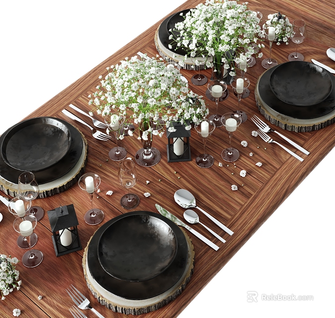 Elegant Dinnerware Set with Black Plates Silver Cutlery Wine Glasses on Wooden Table for Banquet Gatherings 3d model 