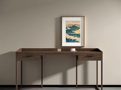 Modern Minimalist Wooden Desk Interior With Two Drawers And Landscape Wall Art 3d model