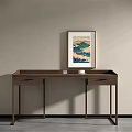 Modern Minimalist Wooden Desk Interior With Two Drawers And Landscape Wall Art
