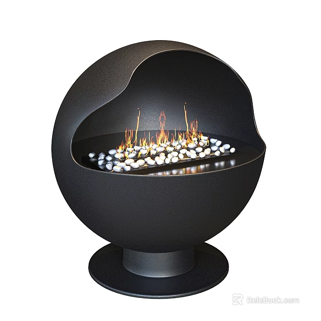 Black Spherical Fireplace With Flames And White Pebbles On Round Base 3d model 