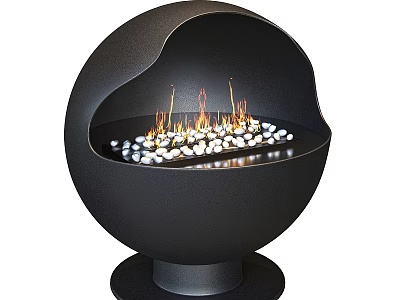 Black Spherical Fireplace With Flames And White Pebbles On Round Base 3d model