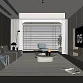 Modern Living Room With Gray Sofa Round Coffee Table And Floor To Ceiling Window Blinds