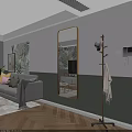 Modern Living Room Coat Rack With Green Leaf Painting Large Mirror And White Green Walls