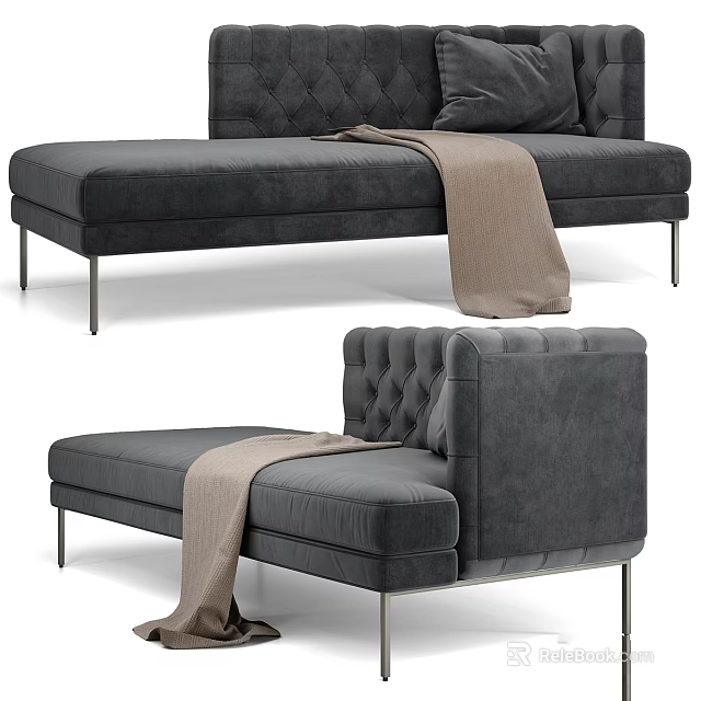Modern Grey Velvet Sofa Bench With Tufted Backrest Soft Blanket And Metal Legs 3d model 