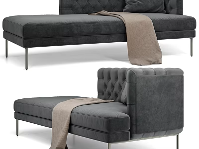 Modern Grey Velvet Sofa Bench With Tufted Backrest Soft Blanket And Metal Legs 3d model