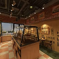 Vintage Dessert Shop Interior With Brick Wall Wooden Counter Cake Display And Pendant Lights