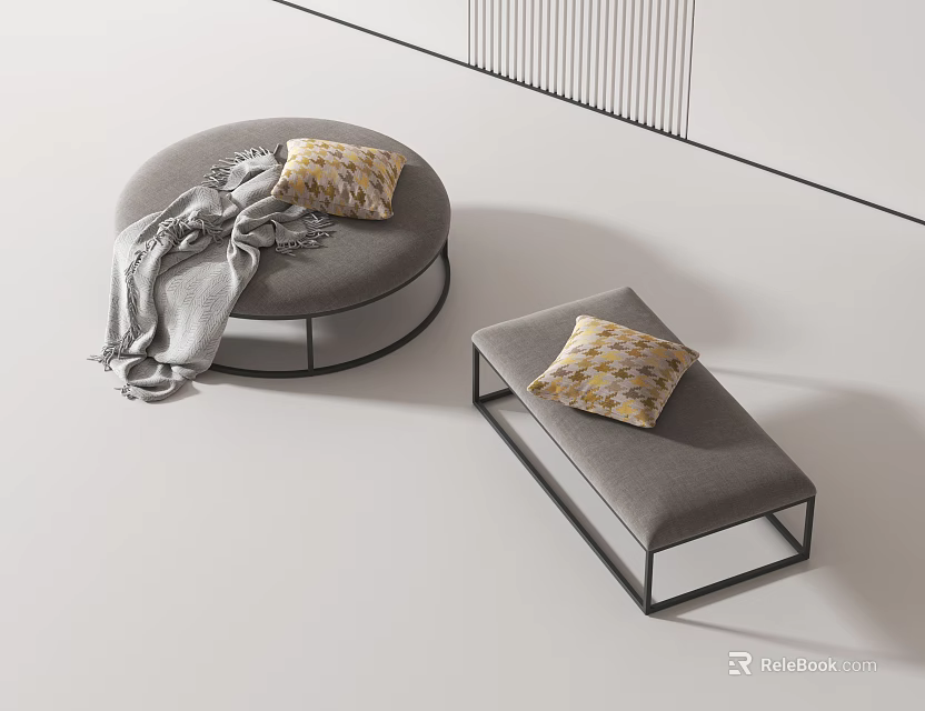 Round And Rectangular Gray Sofa Stools With Yellow Cushions And Gray Blanket In Modern Minimalist Interior 3d model 