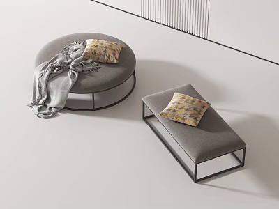 Round And Rectangular Gray Sofa Stools With Yellow Cushions And Gray Blanket In Modern Minimalist Interior 3d model
