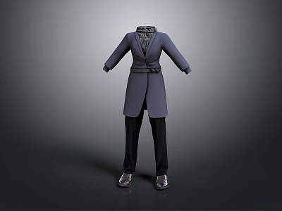 Fashionable Long Coat With Belted Design Turtleneck Top Black Trousers Leather Shoes Outfit 3d model