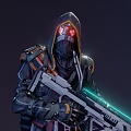 Hooded Character With Red Mask Holding Green Lighted Rifle In Dark Sci Fi Scene