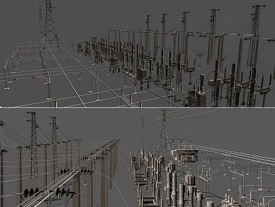 High Voltage Industrial Electrical Equipment with Transmission Towers Power Poles and Lines 3d model
