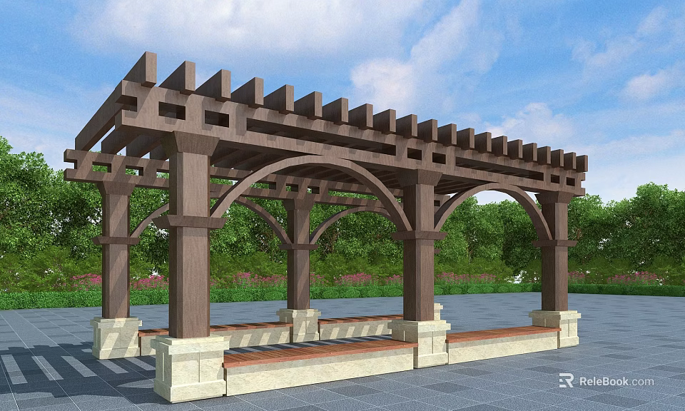 Wooden Pergola With Arched Design And Benches In Garden Greenery Under Blue Sky 3d model 