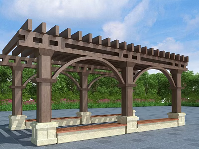 Wooden Pergola With Arched Design And Benches In Garden Greenery Under Blue Sky 3d model