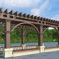 Wooden Pergola With Arched Design And Benches In Garden Greenery Under Blue Sky