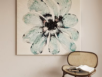 Abstract Textured Flower Painting With Teal Blue Petals Black Center And Beige Canvas 3d model