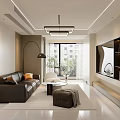 Modern Warm Cream Tone Living and Dining Room With Comfortable Furniture And Elegant TV Wall