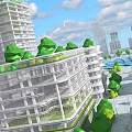 Cartoon City Scene With Green Rooftop Buildings Tall Skyscrapers And Trees