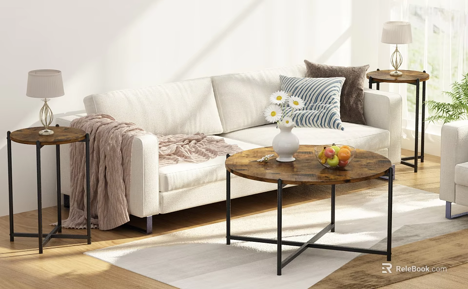 Modern Living Room Coffee Table With Wooden Top Metal Frame White Vase And Fruit Bowl 3d model 