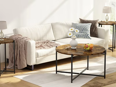 Modern Living Room Coffee Table With Wooden Top Metal Frame White Vase And Fruit Bowl 3d model