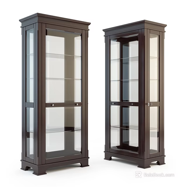 Two Dark Wooden Frame Display Cabinets With Glass Doors And Multiple Glass Shelves 3d model 