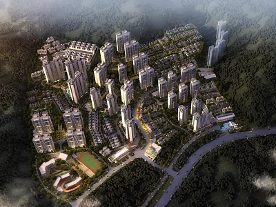 Aerial Planning of Modern Residential Complex With High Rise Buildings and Green Spaces 3d model