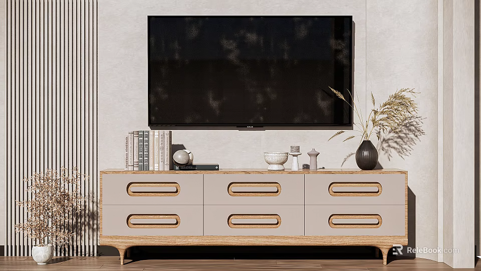 Modern TV Stand with Multiple Drawers in Light Wood Finish Featuring TV Books and Decor 3d model 