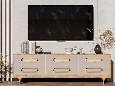 Modern TV Stand with Multiple Drawers in Light Wood Finish Featuring TV Books and Decor 3d model