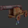 Vintage Cannon with Wooden Carriage Metal Barrel Wheels and Cannonballs on Reflective Surface